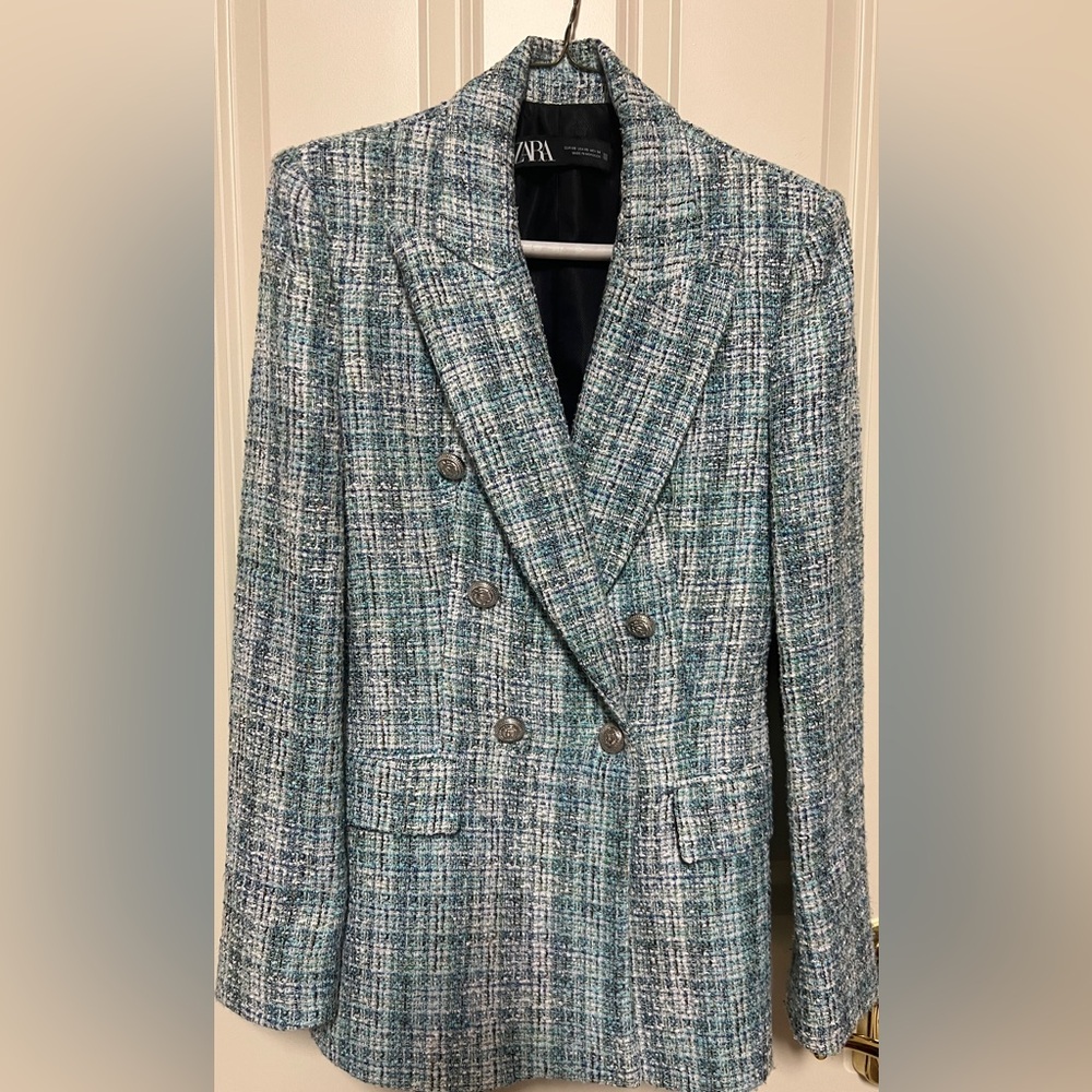 Zara tweed boucle blazer - teal XS- double breasted